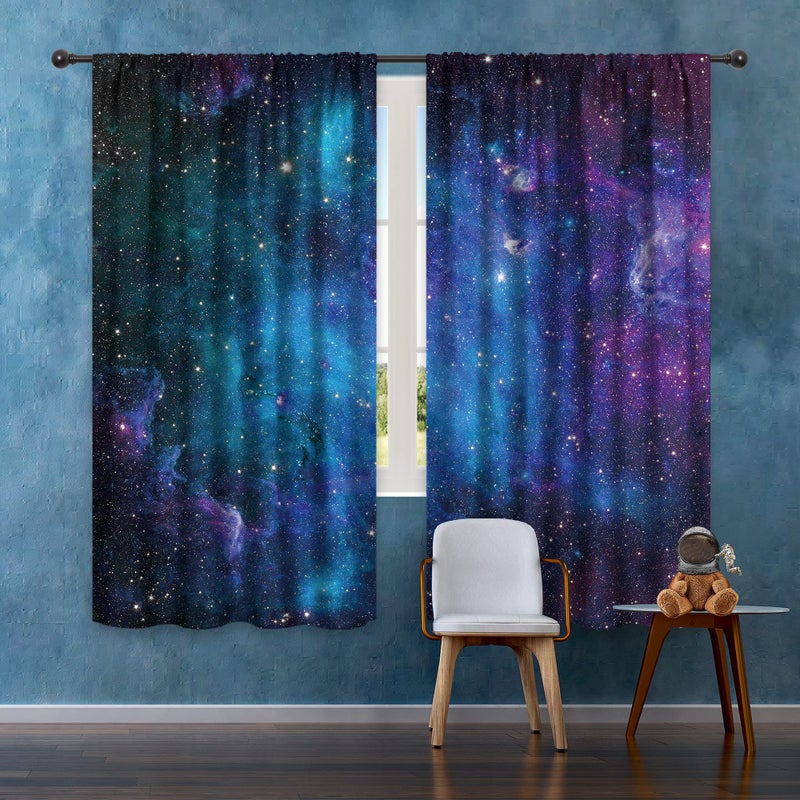 Riyidecor Kids Boys Galaxy Celestial Curtains Outer Space Rod Pocket (2 Panels 52 x 63 Inch) Blue Planet Nebula Universe Black Starry Sky Living Room Bedroom Window Drape Treatment Fabric WW-CLLE - Image 1